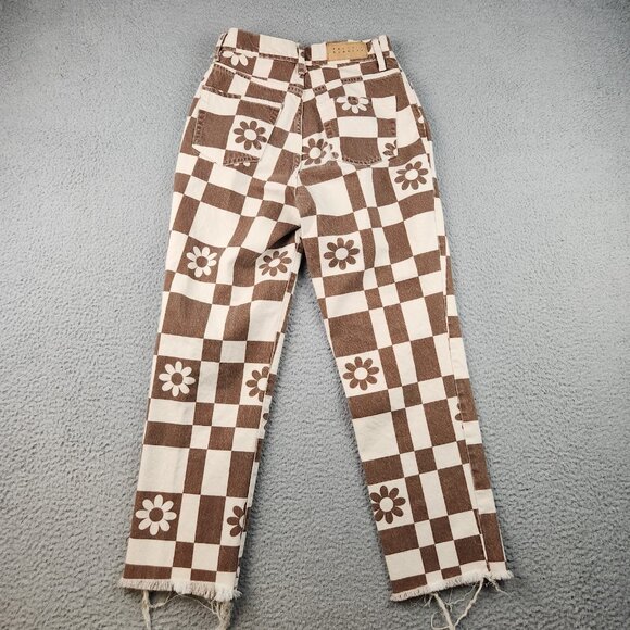 Pacsun Jeans Womens 25 High Rise Straight Leg Eco Flower Plaid Button Fly Frayed - Picture 2 of 13